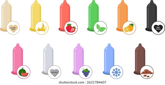 Flavored condoms vector set – colorful latex condom collection with fruit scents and love themes	
