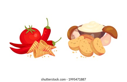 Flavored Crouton as Pieces of Seasoned Rebaked Bread Vector Set