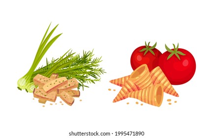 Flavored Crouton as Pieces of Seasoned Rebaked Bread Vector Set