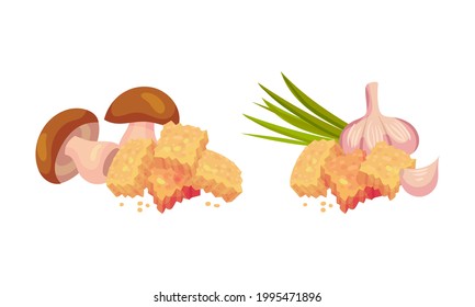 Flavored Crouton as Pieces of Seasoned Rebaked Bread Vector Set