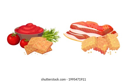 Flavored Crouton as Pieces of Seasoned Rebaked Bread Vector Set