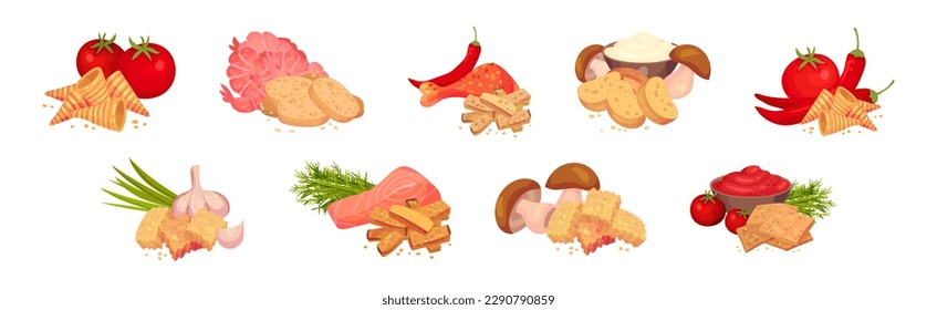 Flavored Crouton as Pieces of Seasoned Rebaked Bread Vector Set