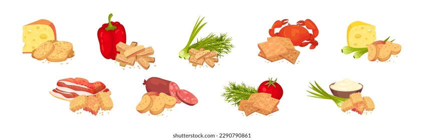 Flavored Crouton as Pieces of Seasoned Rebaked Bread Vector Set