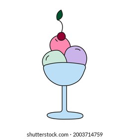 Flavored ice cream in a glass cup with cherry on top. Isolated flat vector illustration on white background. Flat design