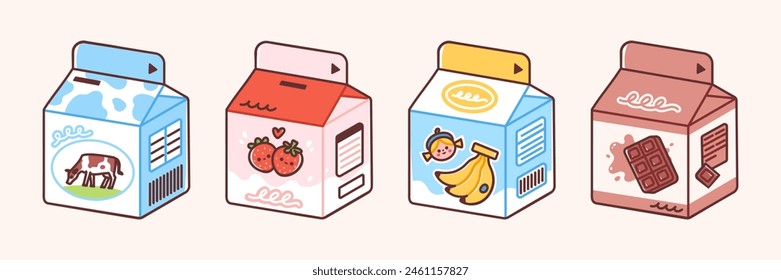 Flavored milk cartons. Vector illustration of banana, strawberry and chocolate milk in cute packaging. Sweet beverage for kids in colorful flat style.