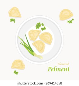Flavored pelmeni. Label for menu design. Vector