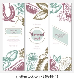 Flavored Products - color vector hand drawn template banner with copy space. Realistic fennel, bay leaf, star anise, basil, ginger plant, capers, kaffir lime, soy sauce, sunflower oil, cayenne pepper.