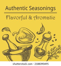Flavorful and aromatic blend, authentic seasoning and tasty ingredients for cooking dishes and food. Spicy and fresh taste, pepper and paprika, dill and mint leaves ground. Vector in flat style
