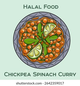Um prato halal saboroso com grão de bico macio e espinafre fresco em um molho de curry rico e aromático, perfeito com arroz ou naan.