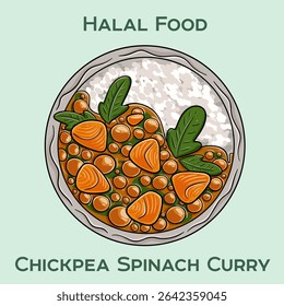 Um prato halal saboroso com grão de bico macio e espinafre fresco em um molho de curry rico e aromático, perfeito com arroz ou naan.
