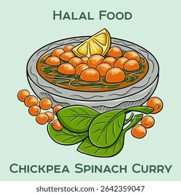Um prato halal saboroso com grão de bico macio e espinafre fresco em um molho de curry rico e aromático, perfeito com arroz ou naan.