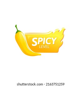 Flavoring seasoning condiment yellow medium spice chili pepper isolated cartoon label. Vector burning fiery food ingredient, cayenne seasoning, jalapeno, salsa ingredient, spicy food scale of flavor