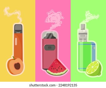 Flavors of electronic cigarettes vector illustrations set. Cartoon drawings of vapes with different aromatic liquids, apricot, watermelon, lime flavors. Smoking, vaping, lifestyle concept