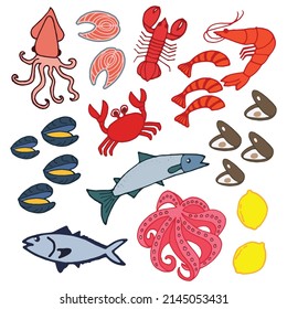 flavors of the sea with our intricate hand-drawn vector icons! Dive into the world of seafood through meticulously crafted illustrations of salmon, shrimp, lobster, crab, and mussels, perfect for food