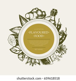 Flavoured Products - modern vector hand drawn round banner with copy space. Realistic fennel, bay leaf, star anise, basil, ginger plant, capers, kaffir lime, soy sauce, sunflower oil, cayenne pepper.