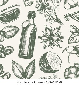 Flavoured Products - One Color Vector Hand Drawn Seamless Pattern. Realistic Fennel, Bay Leaf, Star Anise, Basil, Ginger Plant, Capers, Kaffir Lime, Soy Sauce, Sunflower Oil, Cayenne Pepper.