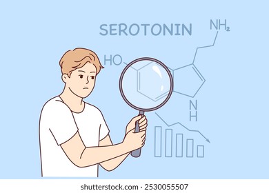 Flaw of hormone serotonin in man holding magnifying glass and suffering from lack of sunlight. Formula of hormone serotonin near guy with change of seasons and onset of cloudy weather