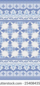 Flawless Blue Porcelain Brocade Pattern. Elegance Rich Seamless Ornament Border. Luxury Denim Cross Fler De lis Scroll Style. Bud and Leaves Nature Decoration. Opulence Bohemian Gypsy Design Vector.