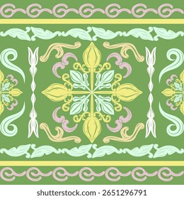 Flawless Bohemian Sense Smooth Exotic Scroll Ornament Royal Garden Botanical Style. Hand Drawn Baroque Floral Border Pattern Yellow Pink Green Blue for Beautiful Luxury Pretty Design Ascot Garment Rug