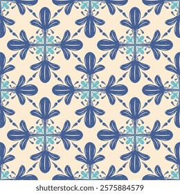 Flawless Deluxe Unity Cross Buds Leaves Florals Royal Blue Silk Embroidery Neatly Arrange Detailed Rich Scroll Ornament on Beige Background. Haute Couture Luxury Spring Winter Seamless Border Pattern.