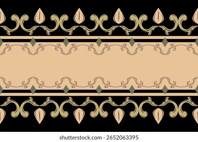 Flawless Elegance Luxury Baroque Ornament Botanical Inspired Seamless Border Pattern with Beige Gold Green on Black Background. Geometric Diamond Striped Royal Medieval Damask Jacquard Loom Brocade