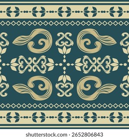 Marfim Impecável Étnico Motivo Florais Estilo Medieval Em Fundo Verde Escuro Sem Costura Padrão de Fronteira para Artesanato Produtos Papel de Parede Fleur de lis Cultura Seda Teclas Tecidos Impressão Têxteis Cerâmica