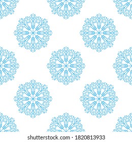 Flawless seamless pattern of blue snowflakes on a white background. Winter decor elements, design in a flat style for cards, wrapping paper, fabric, wallpaper and more. Stock vector illustration