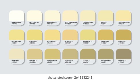 Flax Color Palette. Flax Tones Swatch Chart with HEX Codes and Color Names. Warm Yellow Beige Tones Variants Infused light Yellow Tone Palette. Earthy and Gray Tinted Variants color palette design