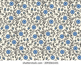 Flax field. Seamless pattern with stylized blooming flax flowers. Vector illustration, pattern swatch included.