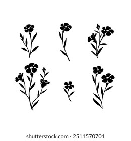 Ilustração de flor de linho de flor diferente em estilo desenhado à mão simples e linocut. Ilustração vetor de contorno simples para cosméticos, cartão postal e padrão.