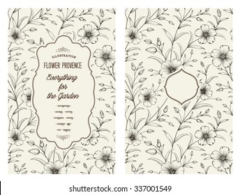 Flax flower isolated over gray background. Vintage card with flowers on background. Book cover with floral texture. Black lines on white background. Vector illustration.