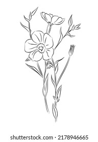 Flax flower line art vector illustration. Modern hand drawn minimalist black ink sketch isolated on white background. Trendy design for jewelry, tattoo, wall art, wallpaper, etc.