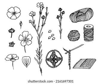 Flax flower. Linen plant, seeds, fabric and threads element set sketch.  Black and white vector clipart. Realistic flax floral freehand drawing with ink pen.