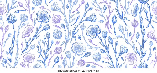 Flax flower, linen seamless pattern. Botanical illustration. Detailed sketch for vintage textile, organic cosmetic, medicine