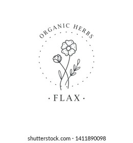 Flax flower. Logo for spa and beauty salon, boutique, organic shop, wedding, floral designer, interior, photography, cosmetic. Botanical floral element.