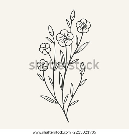 Flax flower. Modern graphic design geometric illustration. Simple contour vector print for cosmetics, perfumeries and food packaging.
