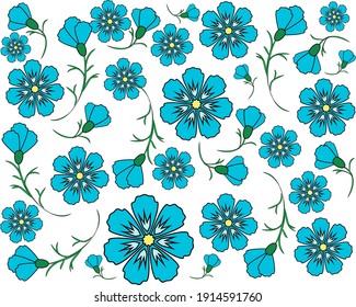 Flachs-Blumenmuster mit Blättern und Stielen auf weißem Hintergrund