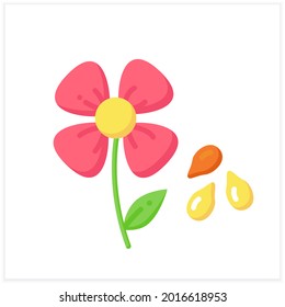 Flax flower and seed flat icon. Superfood. Organic healthy energetic food for balanced nutrition. Detox and weight loss supplements. Vegetarian food. Color vector illustration