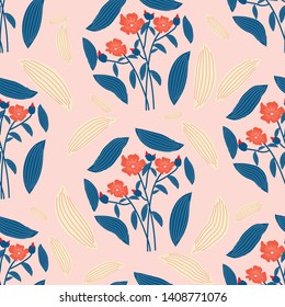 flax flowers with coral-peach background vector seamless pattern - Great for wallpaper,backgrounds,gifs,surface pattern design,packaging design projects, stationary,fabric