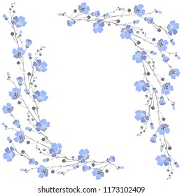 Flax flowers on a white background with place for text. Floral frame. Greeting card, invitation or isolated elements for design.