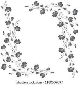 Flax flowers on a white background with place for text. Floral monochrome frame. Greeting card, invitation or isolated elements for design.