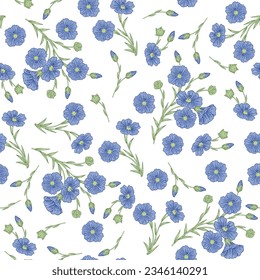 Flax flowers seamless pattern. Vector illustration of fax plant. Hand drawn blue flowers on white background. Summer design for textile or paper print. Vintage engraving style.