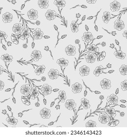 Flax flowers seamless pattern. Vector illustration of fax plant. Hand drawn black and white flowers on gray background. Design for textile or paper print. Vintage engraving style.