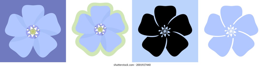 Flax flowers. Vector set of image, sticker and two silhouettes of abstract stylized flax flower. For labels, tattoos and other design projects.