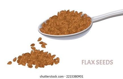 Flax in metal spoon and seed pile isolated on white. Vector illustration of healthy food in flat, simple style. Cooking ingredient.