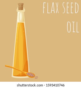 Flax oil bottle vector illustration, isolated on colored background, cartoon style oil type clip-art.