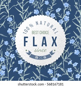 Flax round label with type design over hand drawn seamless pattern