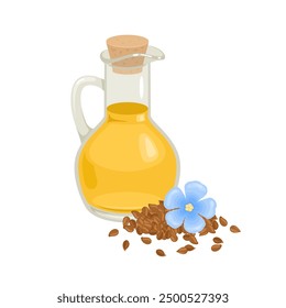 Aceite de linaza en botella de vidrio. Ilustración plana de dibujos animados de Vector.