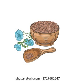 Flax seeds in bowl and scoop vector illustration. Flax seed hand drawn botanical elements.