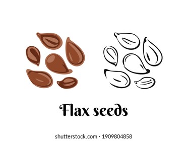 Flax seeds isolated on white background. Vector color illustration in cartoon flat style and black and white outline. Organic food Icon.